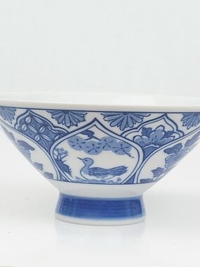 Japanese Asian Rice/Soup Bowl~Arita Ware~Blue White~Wild Duck Bird~Floral~Signed